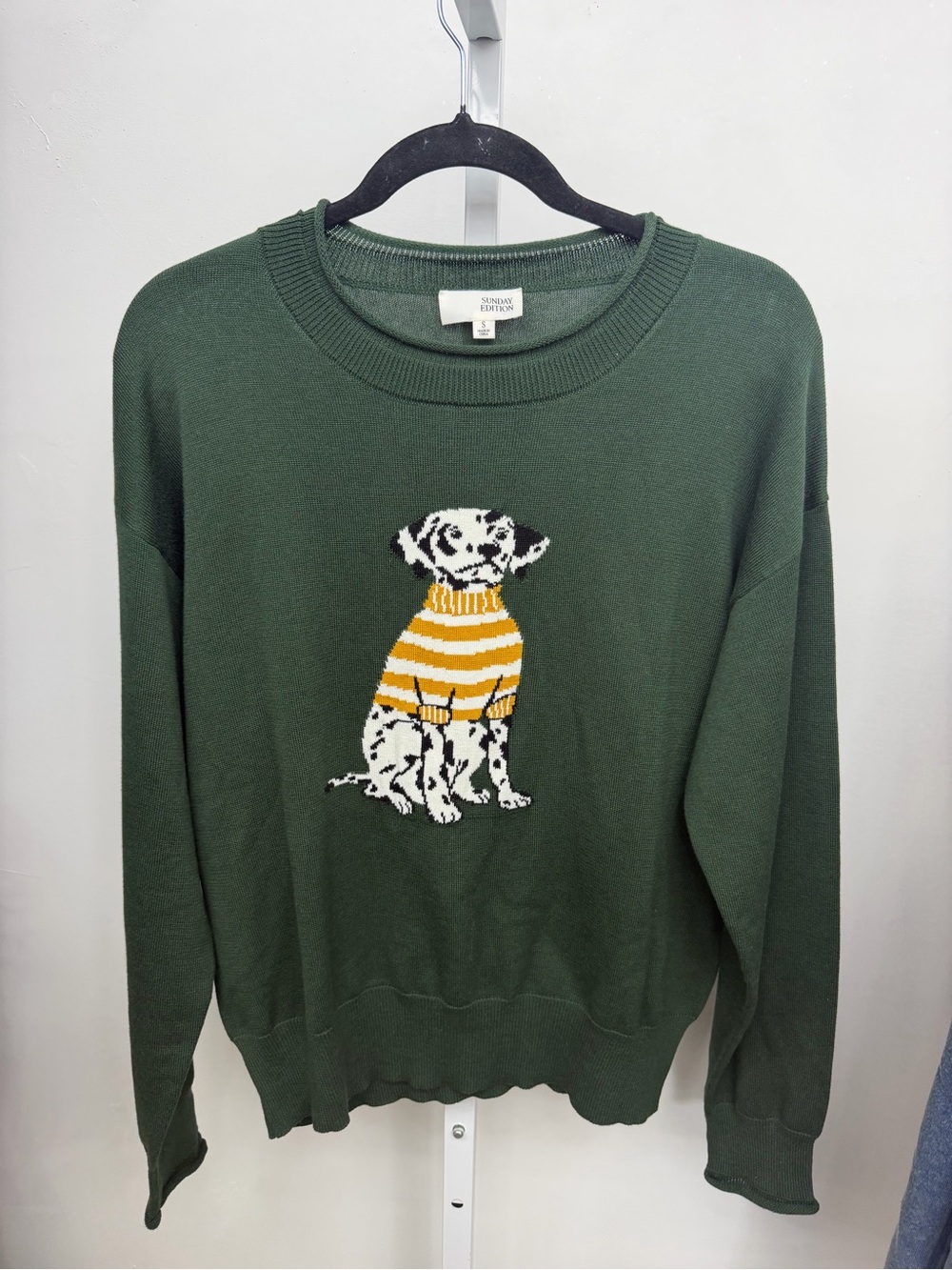 51. Green Sweater with Dalmatian in Yellow Striped Sweater